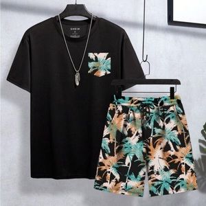 Men Tropical Print Tee & Drawstring Waist Shorts